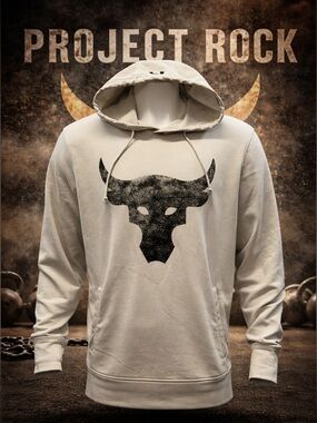 Under Armour Project Rock Off White Black Loose Fit Sweatshirt Hoodie w/Pockets